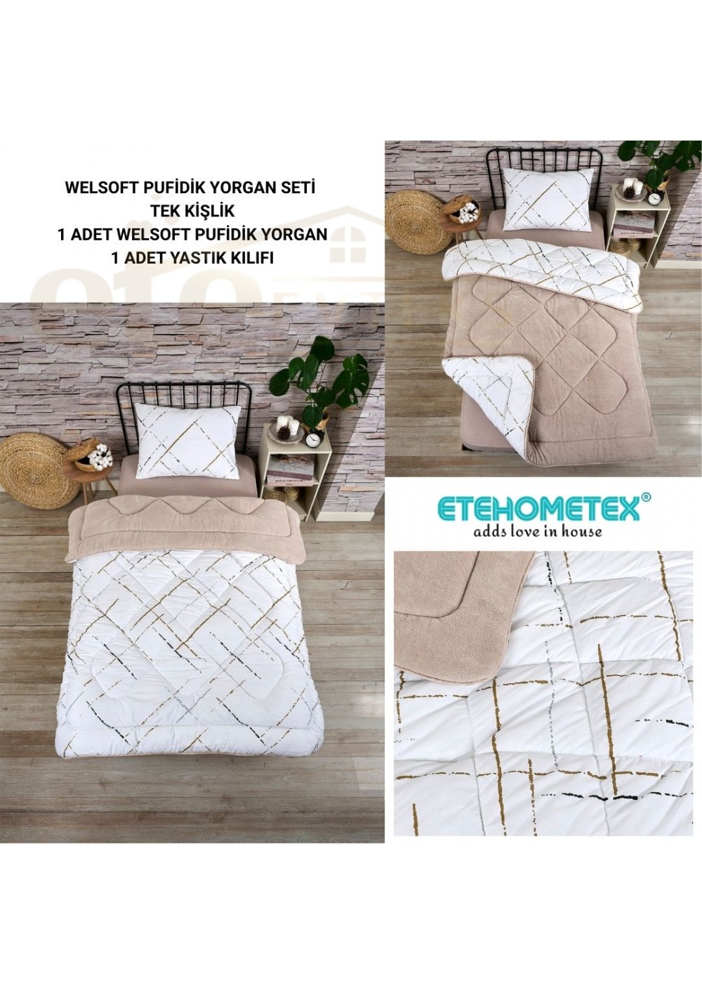 ETE HOMETEX TEK KİŞİLİK LÜX WELSOFT YORGAN SETİ YANSIMA BEJ 155X215CM 8696474231851